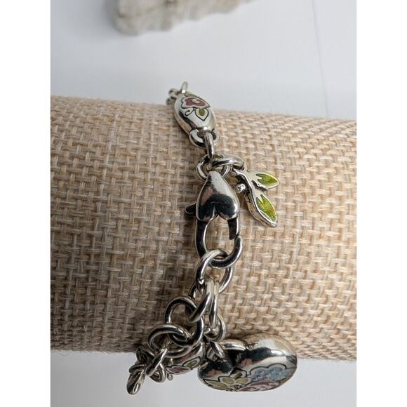 Brighton Floral Heart Charm Bracelet Silver Tone Enamel 7.5 Inch reversible - Picture 4 of 7